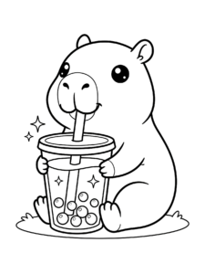 Desenho de Desenho De Capivara Sentada Segurando Copo De Bubble Tea Para Colorir E Imprimir