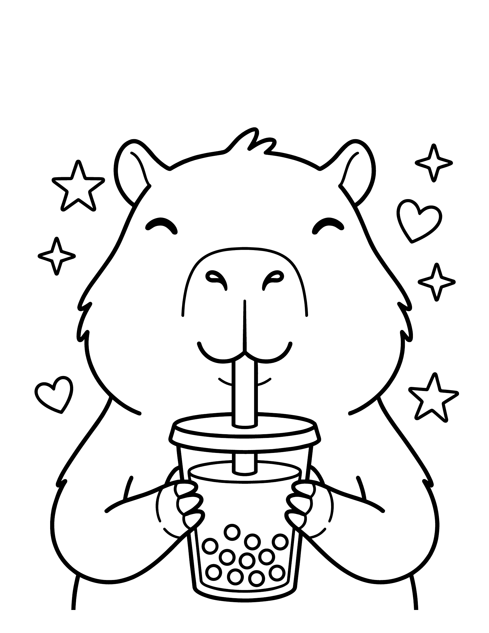 Desenho de Desenho De Capivara Tomando Bubble Tea Com Estrelas E Coracoes Para Colorir E Imprimir