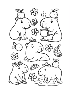 Desenho de Desenho De Cinco Capivaras Fofas Com Laranjas E Flores Para Colorir E Imprimir