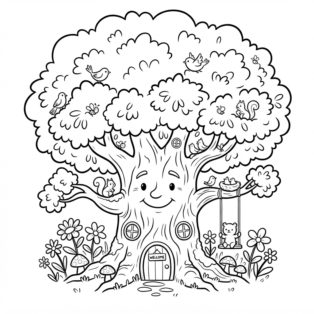 Desenho de Arvore Casinha Com Passarinhos Esquilos E Balanco Para Colorir