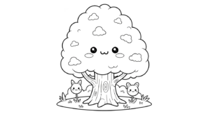 Desenho de Arvore Kawaii Sorridente Com Coelhinhos Para Colorir