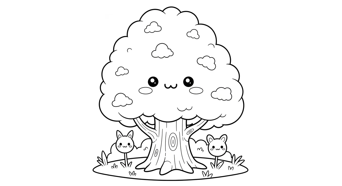 Desenho de Arvore Kawaii Sorridente Com Coelhinhos Para Colorir
