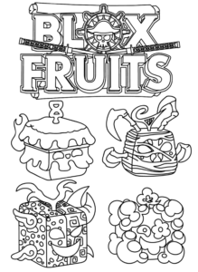 Desenho de Desenho De Blox Fruits Com Logotipo E Quatro Frutas Para Colorir E Imprimir