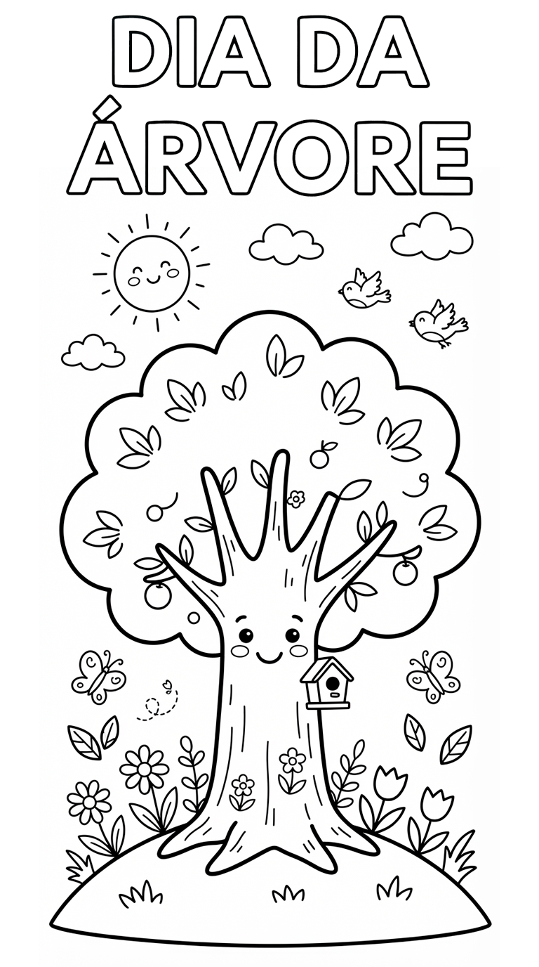 Desenho de Dia Da Arvore Com Arvore Feliz E Casinha De Passarinho Para Colorir