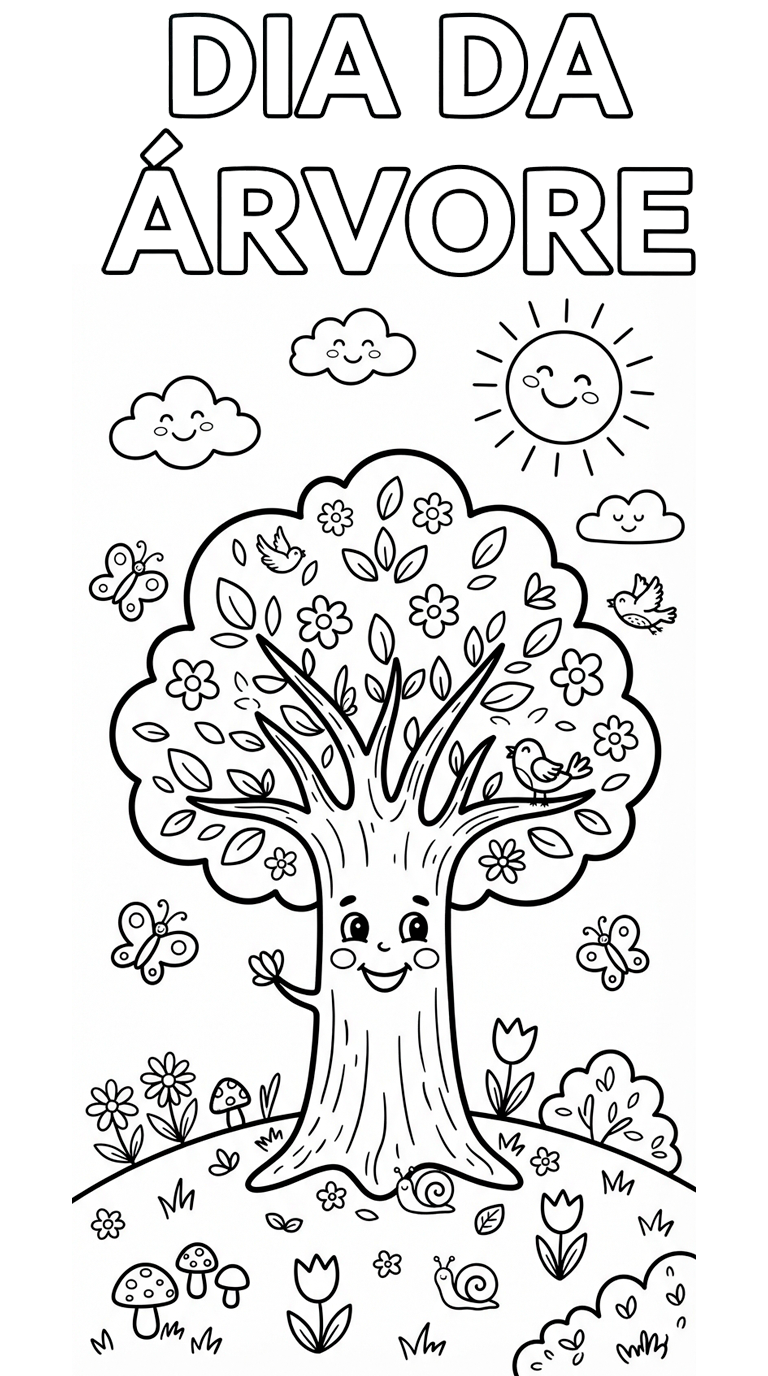 Desenho de Dia Da Arvore Com Arvore Sorridente Sol E Borboletas Para Colorir