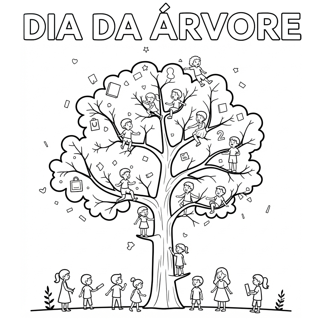 Desenho de Dia Da Arvore Criancas Brincando Em Arvore Grande Para Colorir