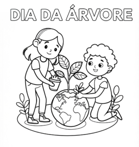 Desenho de Dia Da Arvore Criancas Plantando Muda No Planeta Terra Para Colorir