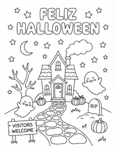 Desenho de Desenho De Feliz Halloween Com Casa Assombrada E Caminho De Pedras Para Colorir E Imprimir