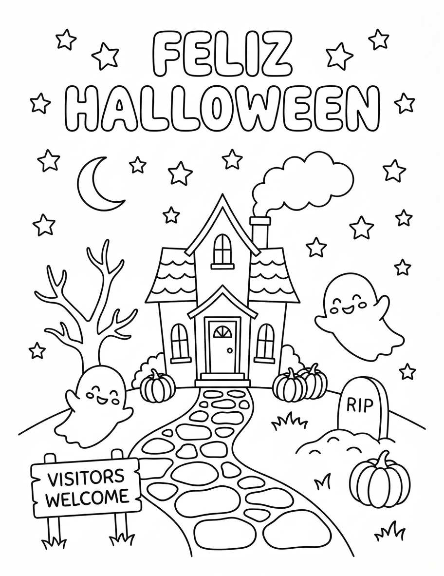 Desenho de Desenho De Feliz Halloween Com Casa Assombrada E Caminho De Pedras Para Colorir E Imprimir
