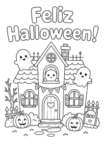 Desenho de Desenho De Feliz Halloween Com Casa Dos Fantasmas E Abóboras Para Colorir E Imprimir
