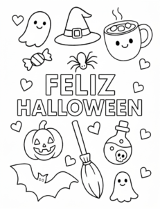 Desenho de Desenho De Feliz Halloween Com Elementos Kawaii E Corações Para Colorir E Imprimir