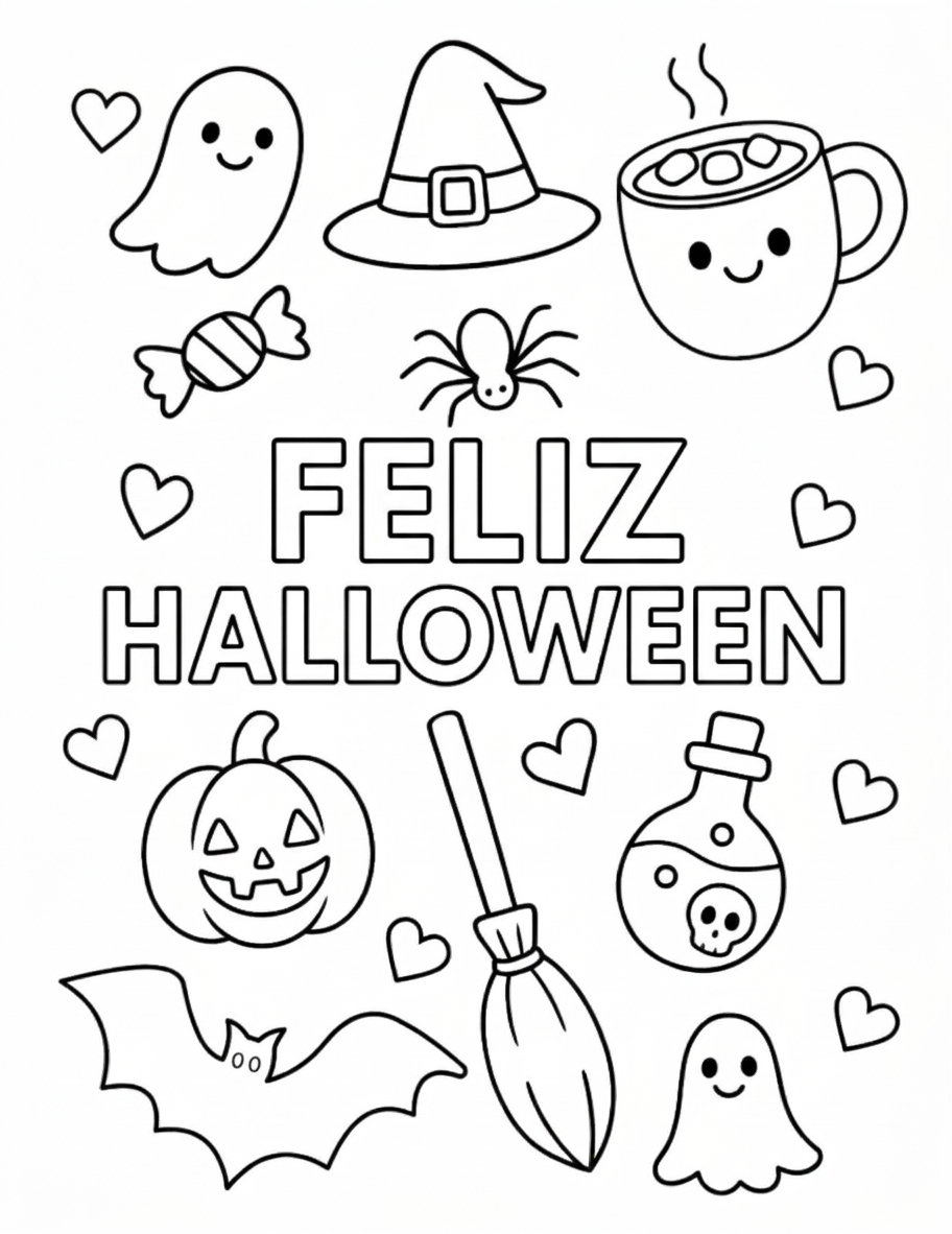 Desenho de Desenho De Feliz Halloween Com Elementos Kawaii E Corações Para Colorir E Imprimir