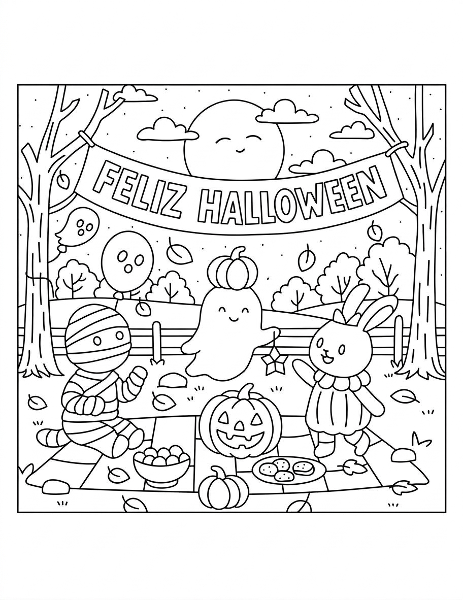Desenho de Desenho De Feliz Halloween Com Piquenique Da Múmia E Do Fantasma Para Colorir E Imprimir