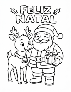 Desenho de Desenho De Feliz Natal Com Papai Noel E A Rena Para Colorir E Imprimir