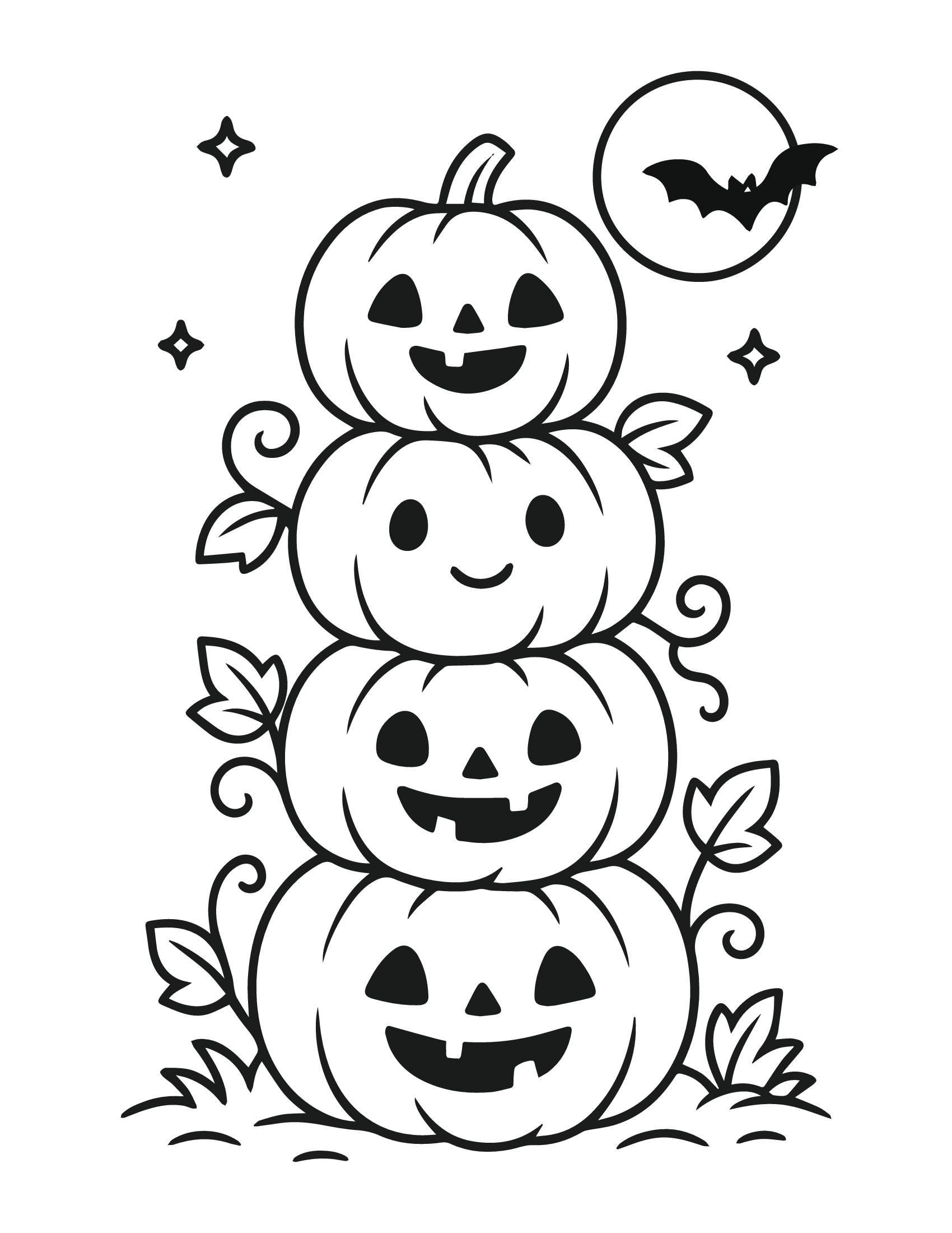 Desenho de Desenho De Halloween Com Abóboras Empilhadas E Lua Cheia Para Colorir E Imprimir