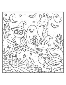 Desenho de Desenho De Halloween Com Animais Fantasiados Voando Na Vassoura Táxi Para Colorir E Imprimir