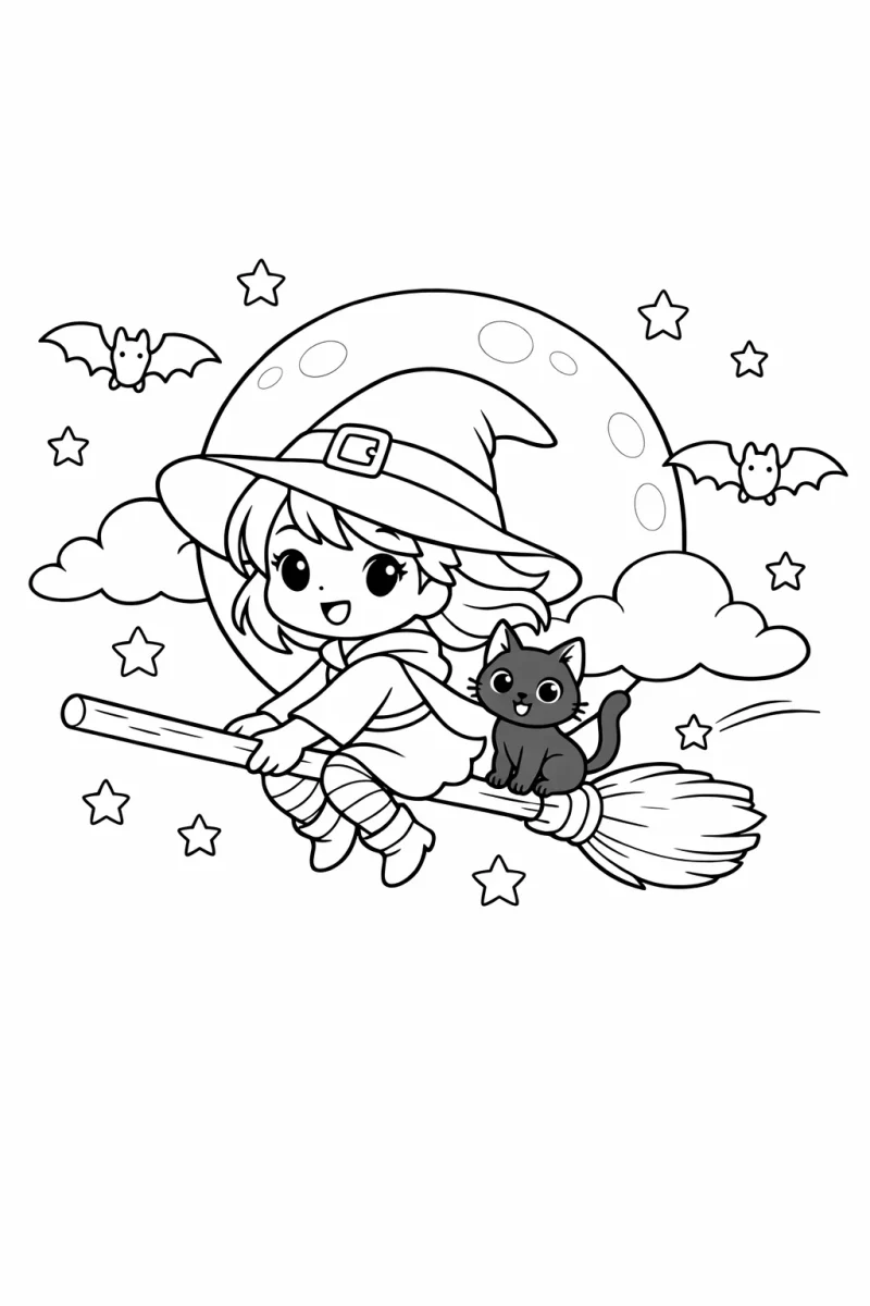Desenho de Desenho De Halloween Com Bruxinha E Gato Preto Voando Na Vassoura Para Colorir E Imprimir