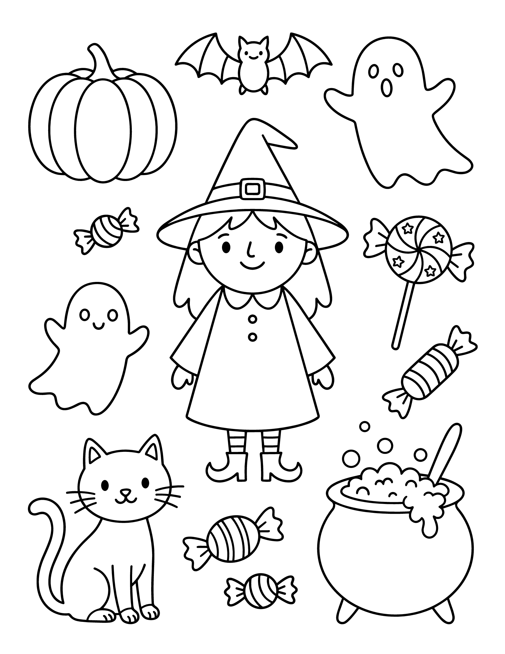 Desenho de Desenho De Halloween Com Bruxinha, Gatinho E Caldeirão De Doces Para Colorir E Imprimir