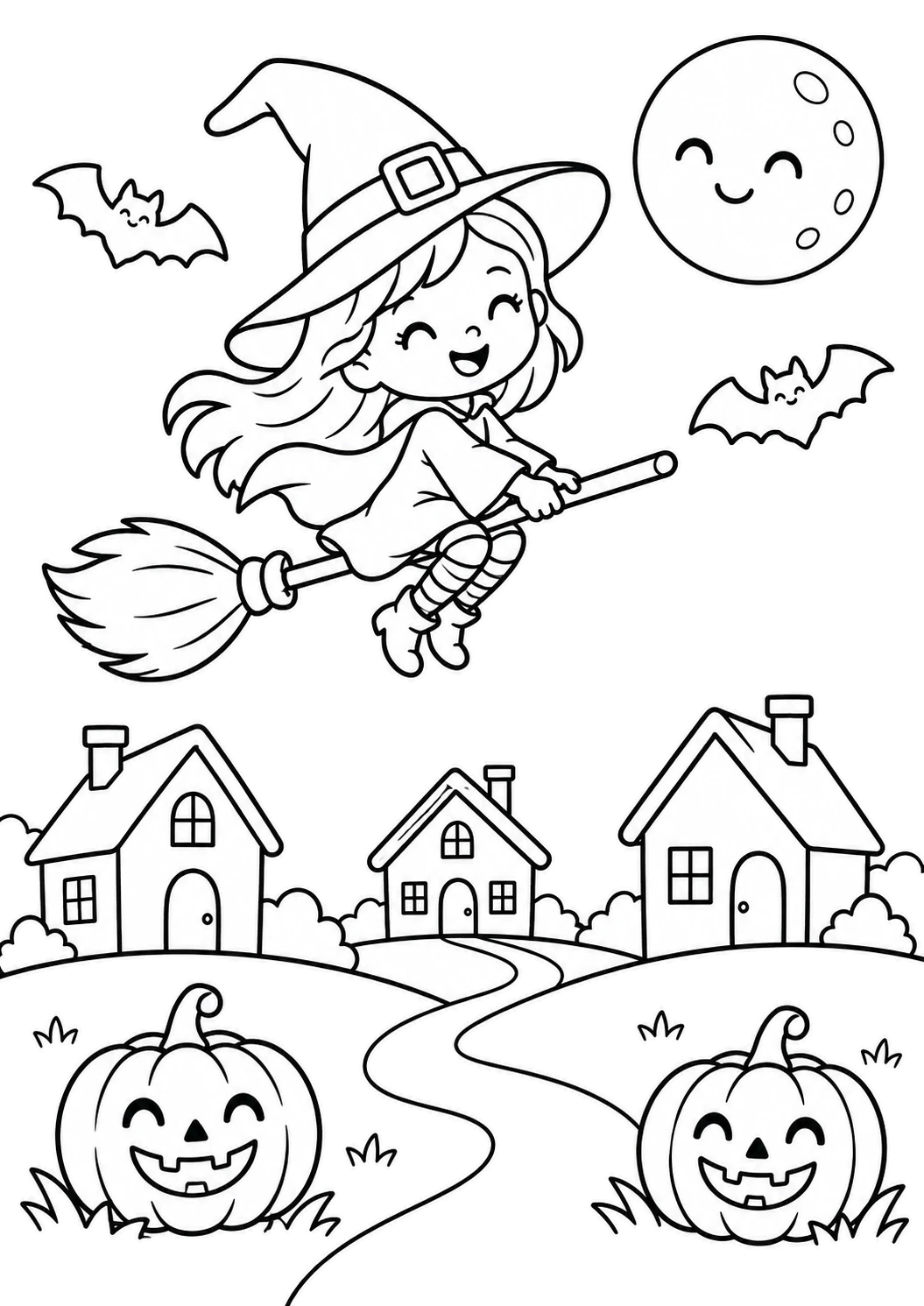 Desenho de Desenho De Halloween Com Bruxinha Voando De Vassoura Sobre A Vila Para Colorir E Imprimir