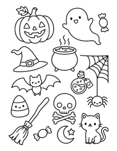 Desenho de Desenho De Halloween Com Caldeirão, Caveira E Teia De Aranha Para Colorir E Imprimir