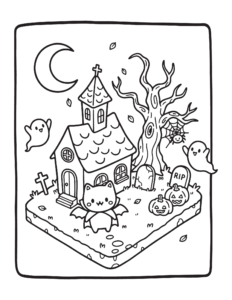 Desenho de Desenho De Halloween Com Casa Assombrada E Gato Morcego Para Colorir E Imprimir