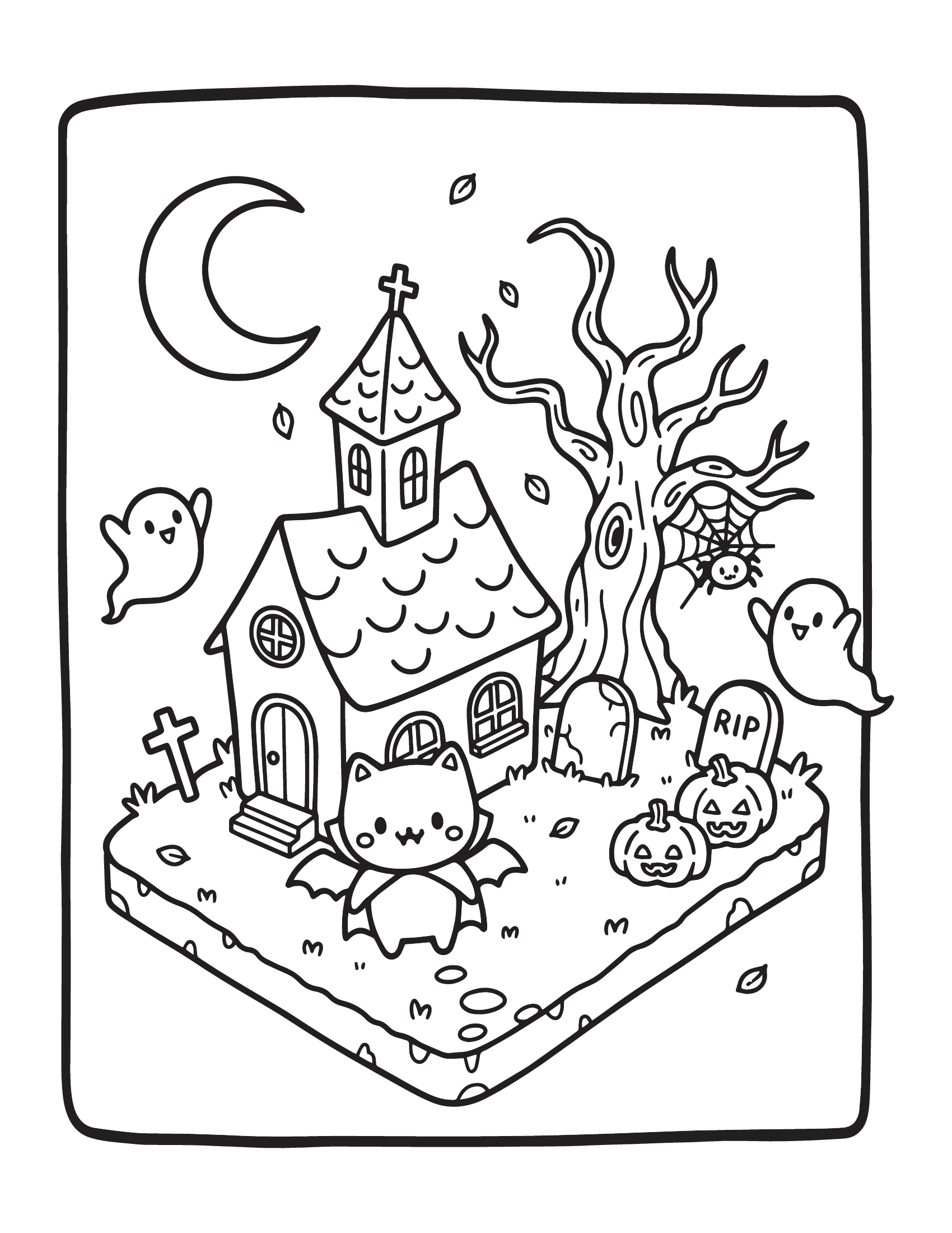Desenho de Desenho De Halloween Com Casa Assombrada E Gato Morcego Para Colorir E Imprimir