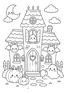 Desenho de Desenho De Halloween Com Casa Mal Assombrada E Morcegos Na Janela Para Colorir E Imprimir