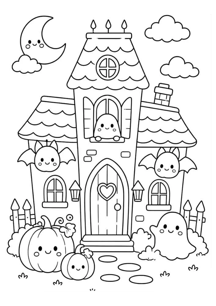 Desenho de Desenho De Halloween Com Casa Mal Assombrada E Morcegos Na Janela Para Colorir E Imprimir