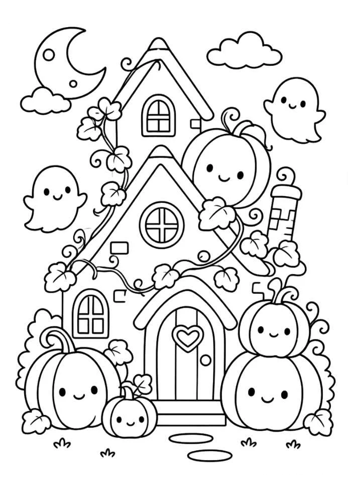 Desenho de Desenho De Halloween Com Casinha Cercada De Abóboras E Fantasmas Para Colorir E Imprimir