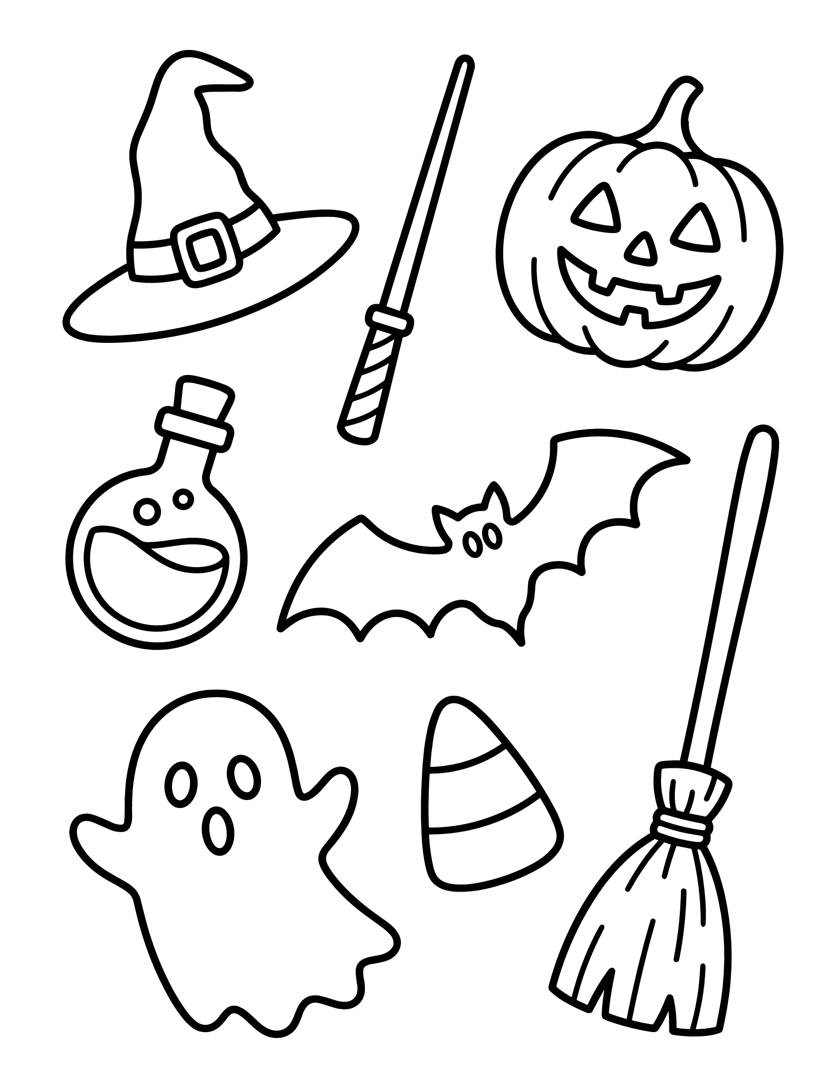 Desenho de Desenho De Halloween Com Chapéu De Bruxa, Abóbora E Vassoura Para Colorir E Imprimir