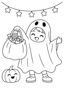 Desenho de Desenho De Halloween Com Criança Fantasiada De Fantasma E Saco De Doces Para Colorir E Imprimir