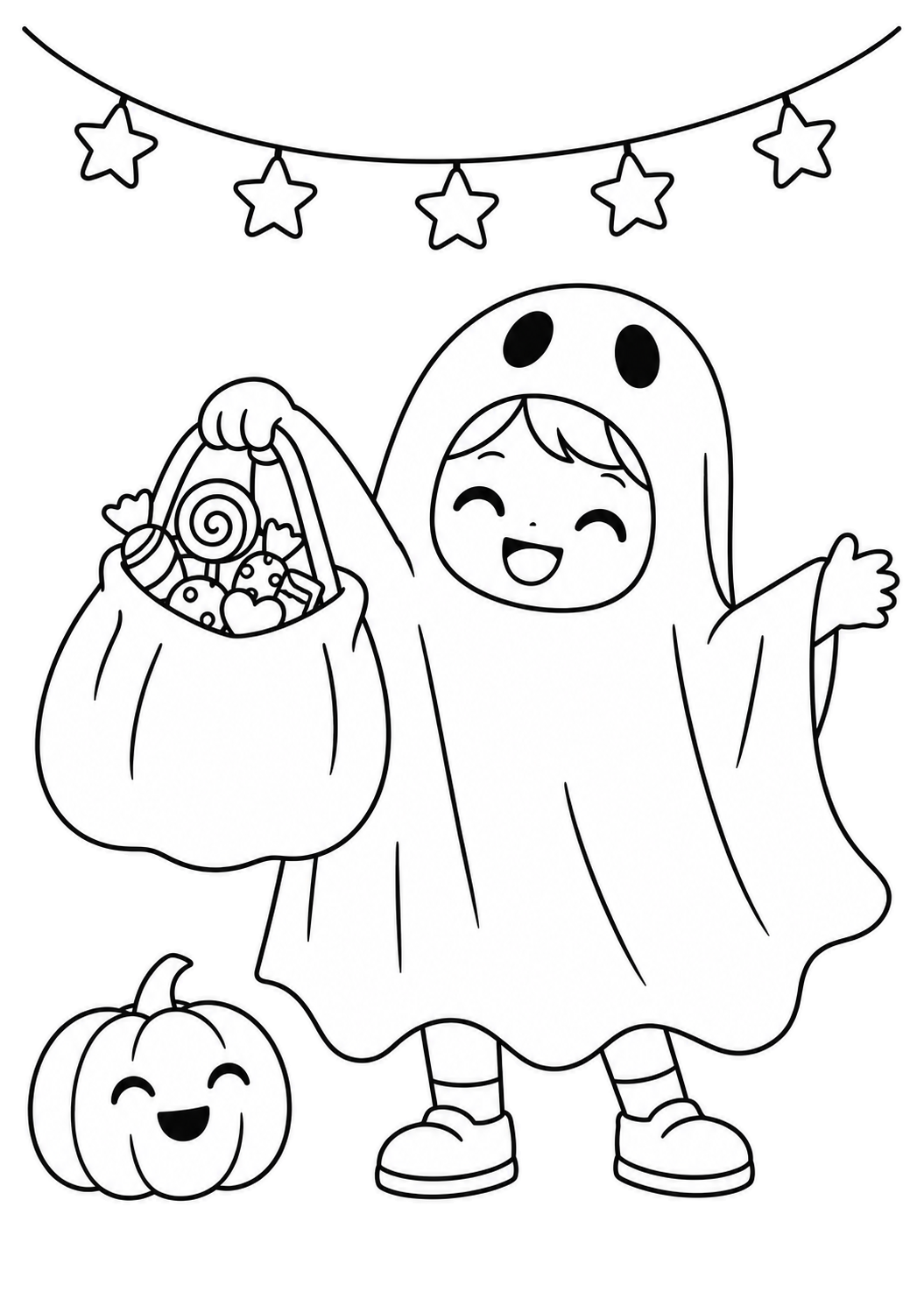 Desenho de Desenho De Halloween Com Criança Fantasiada De Fantasma E Saco De Doces Para Colorir E Imprimir