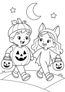 Desenho de Desenho De Halloween Com Crianças Fantasiadas De Abóbora E De Morcego Para Colorir E Imprimir