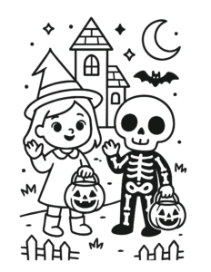 Desenho de Desenho De Halloween Com Crianças Fantasiadas De Bruxa E Esqueleto Para Colorir E Imprimir