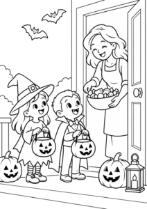 Desenho de Desenho De Halloween Com Crianças Pedindo Doces Na Porta De Casa Para Colorir E Imprimir