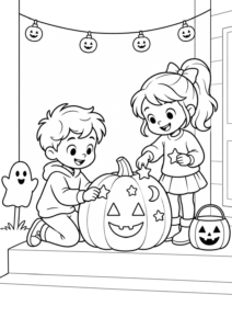 Desenho de Desenho De Halloween Com Duas Crianças Decorando A Abóbora Na Varanda Para Colorir E Imprimir