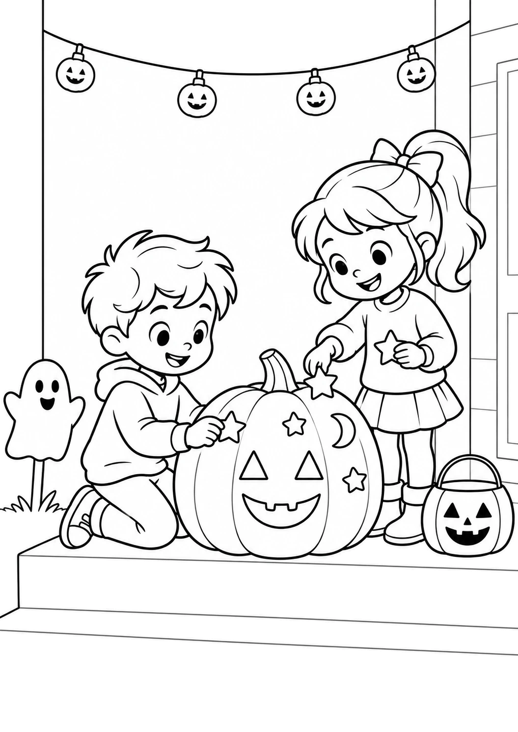 Desenho de Desenho De Halloween Com Duas Crianças Decorando A Abóbora Na Varanda Para Colorir E Imprimir