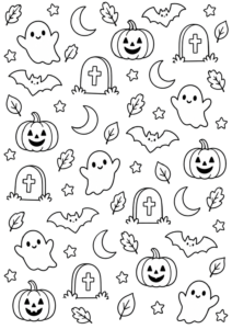 Desenho de Desenho De Halloween Com Estampa De Fantasmas, Abóboras E Morcegos Para Colorir E Imprimir