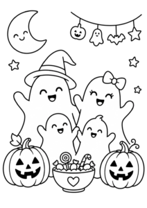 Desenho de Desenho De Halloween Com Família De Fantasmas E Tigela De Doces Para Colorir E Imprimir