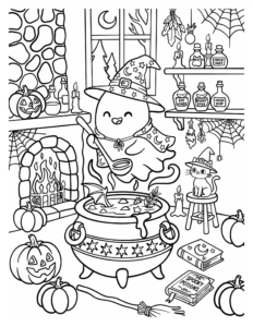Desenho de Desenho De Halloween Com Fantasma Bruxo Preparando Poção No Caldeirão Para Colorir E Imprimir