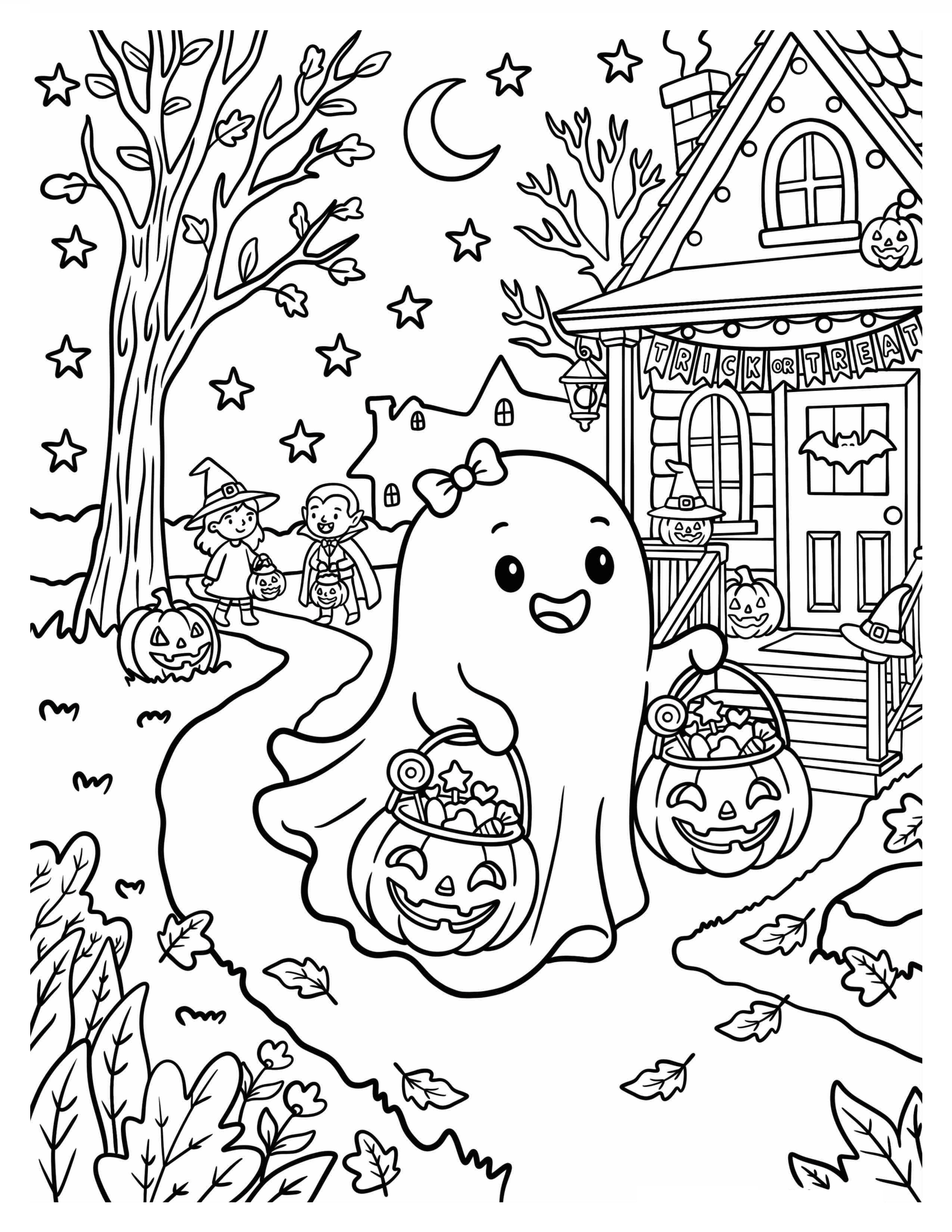 Desenho de Desenho De Halloween Com Fantasma Levando Balde De Doces Para Colorir E Imprimir