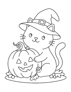 Desenho de Desenho De Halloween Com Gatinho De Chapéu De Bruxa Abraçando A Abóbora Para Colorir E Imprimir