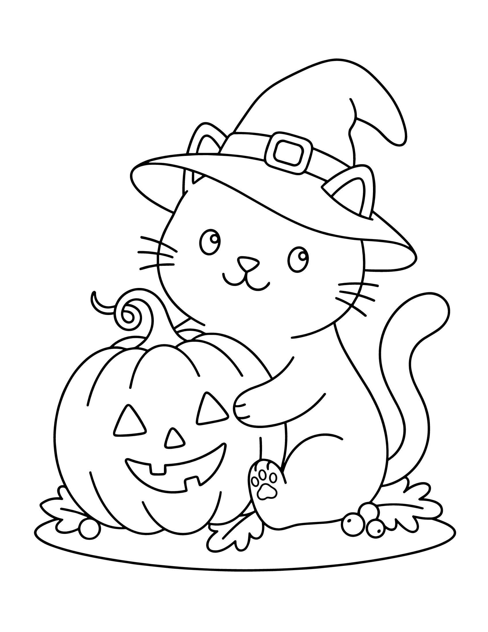 Desenho de Desenho De Halloween Com Gatinho De Chapéu De Bruxa Abraçando A Abóbora Para Colorir E Imprimir