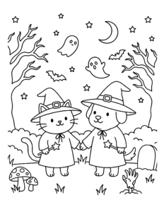 Desenho de Desenho De Halloween Com Gatinho E Cachorro De Bruxa No Cemitério Para Colorir E Imprimir