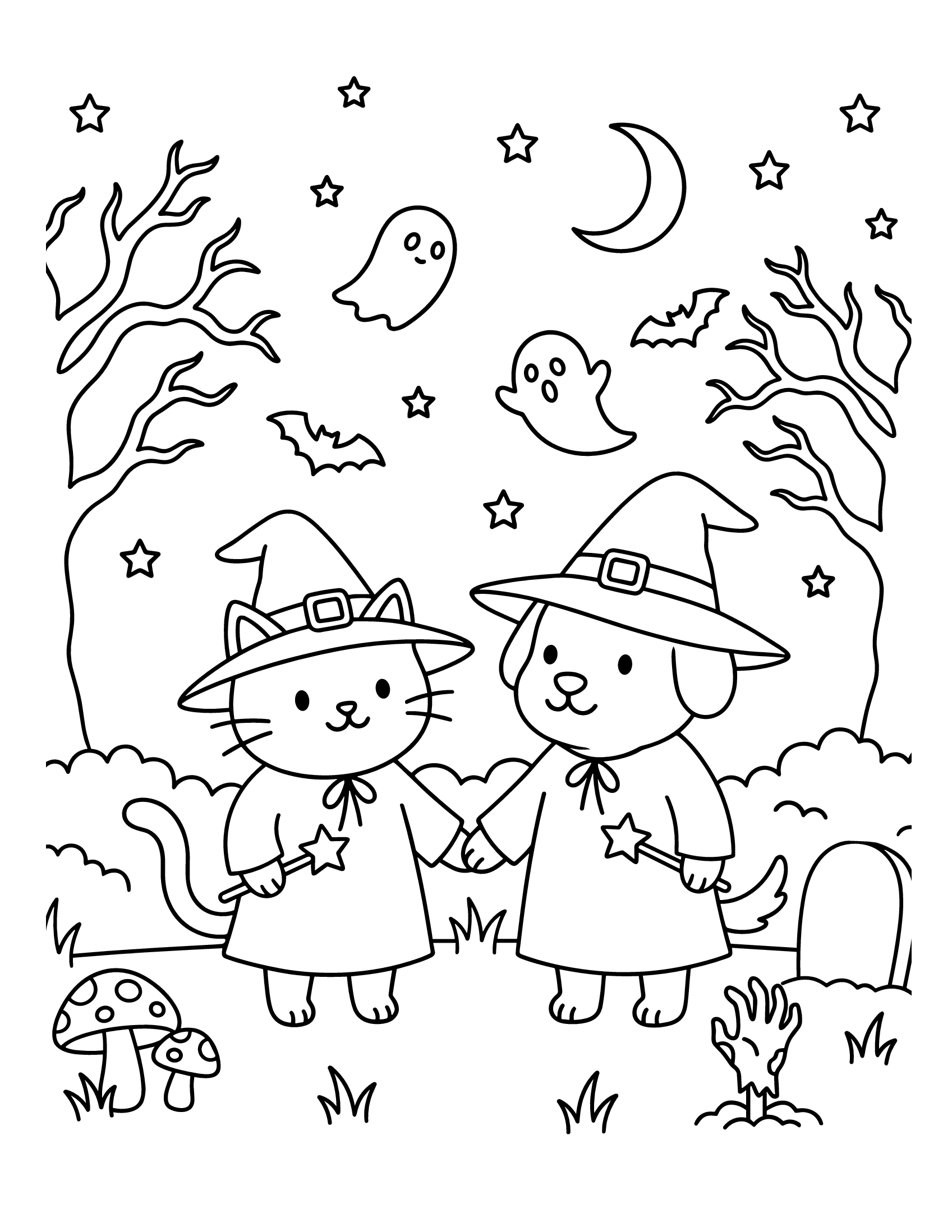 Desenho de Desenho De Halloween Com Gatinho E Cachorro De Bruxa No Cemitério Para Colorir E Imprimir