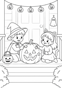Desenho de Desenho De Halloween Com Menino Bruxo E Menina Gatinha Decorando A Abóbora Para Colorir E Imprimir