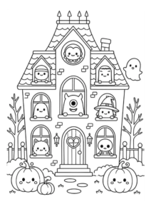 Desenho de Desenho De Halloween Com Monstros Nas Janelas Da Casa Assombrada Para Colorir E Imprimir