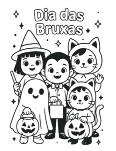 Desenho de Desenho De Halloween Com Turma De Crianças Fantasiadas Para Colorir E Imprimir