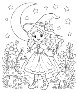 Desenho de Desenho De Bruxa Colhendo Flores No Jardim à Noite Para Colorir E Imprimir