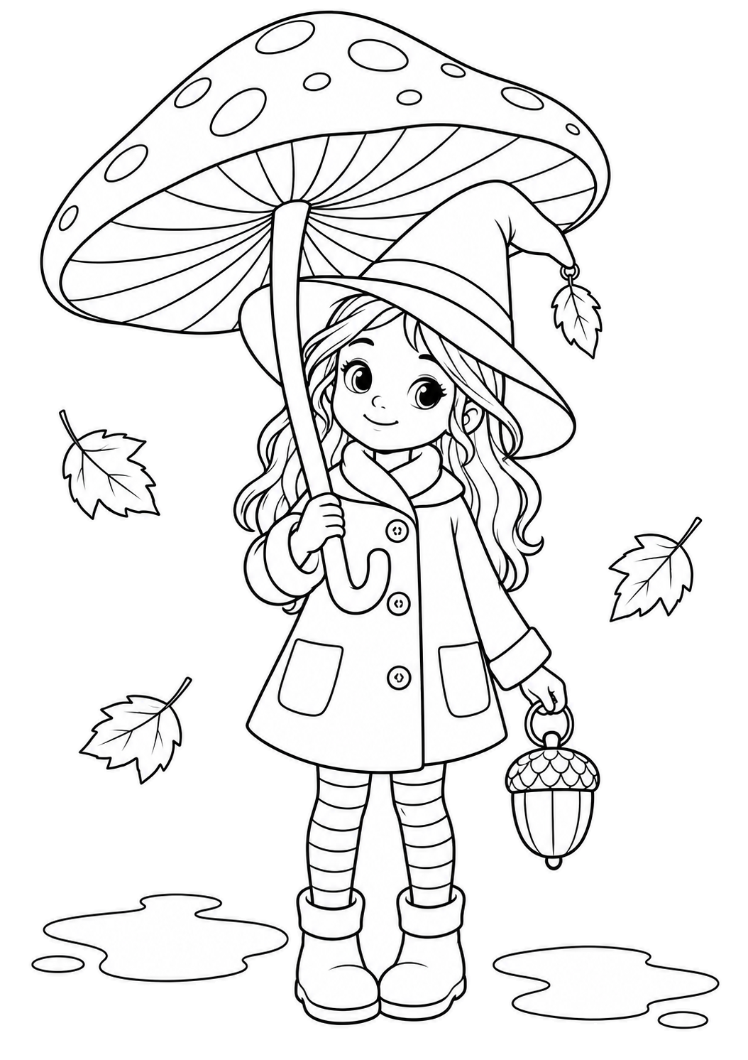 Desenho de Desenho De Bruxa Com Guarda Chuva De Cogumelo No Outono Para Colorir E Imprimir